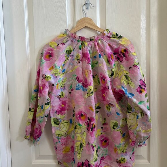 Hester & Orchard Shirt Linen Pink Yellow Watercolor Floral Blouse 3/4 Sleeve SZM - Picture 3 of 8